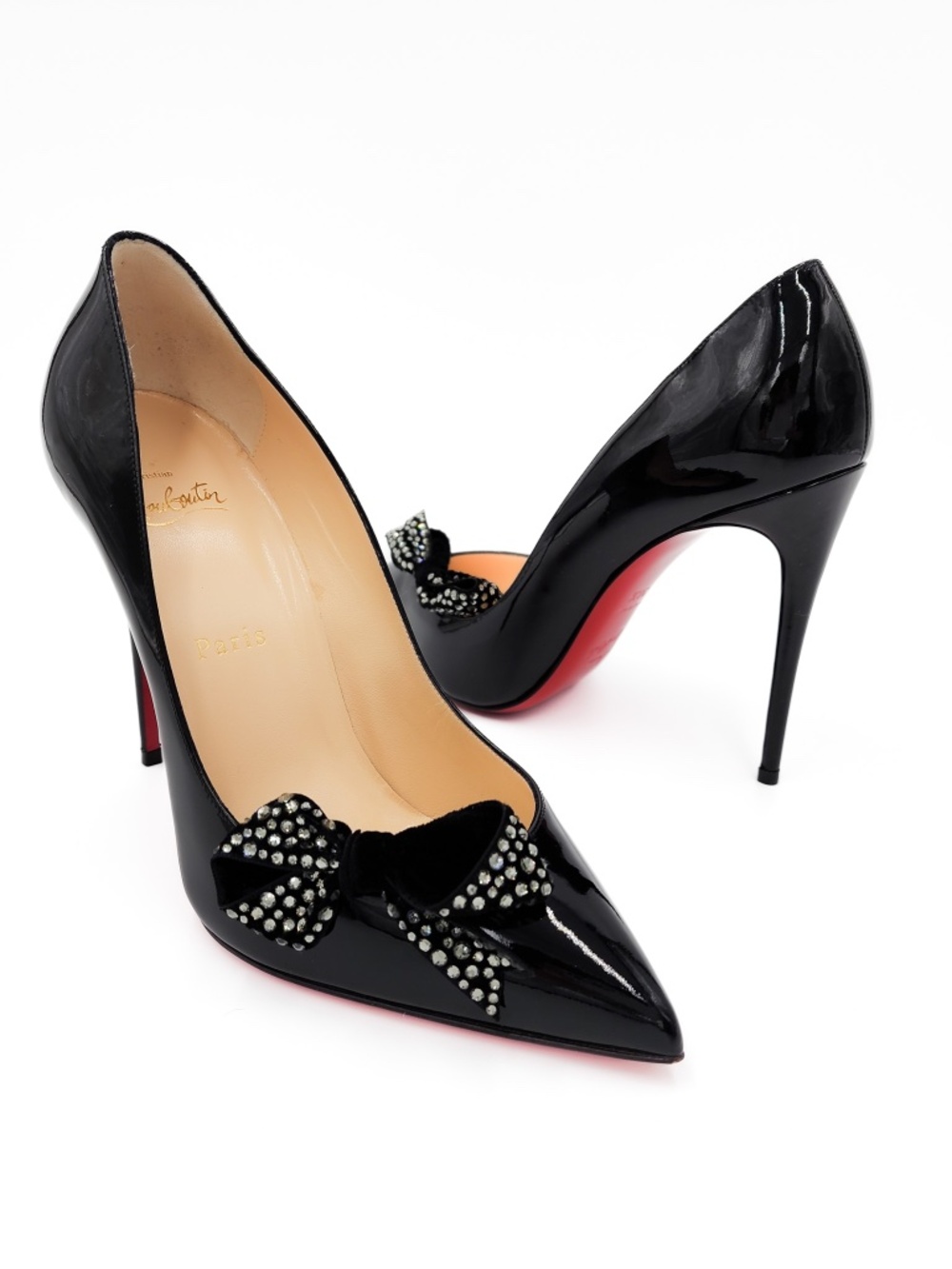 Christian Louboutin Madame Menule 100 Black Patent Leather Crystal Bow Pumps